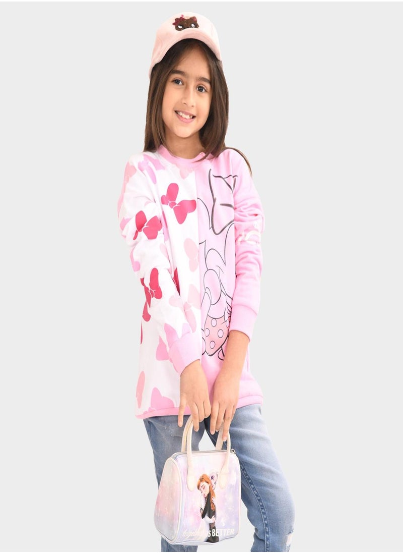 Regular Fit Printed Pink Cotton Sweatshirt For Girls Round Neck Flat Collar Pull On 100 % Cotton