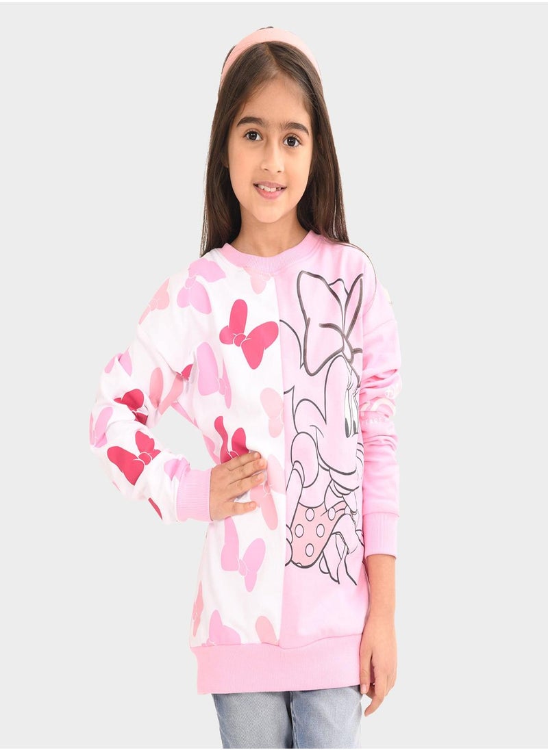 Regular Fit Printed Pink Cotton Sweatshirt For Girls Round Neck Flat Collar Pull On 100 % Cotton