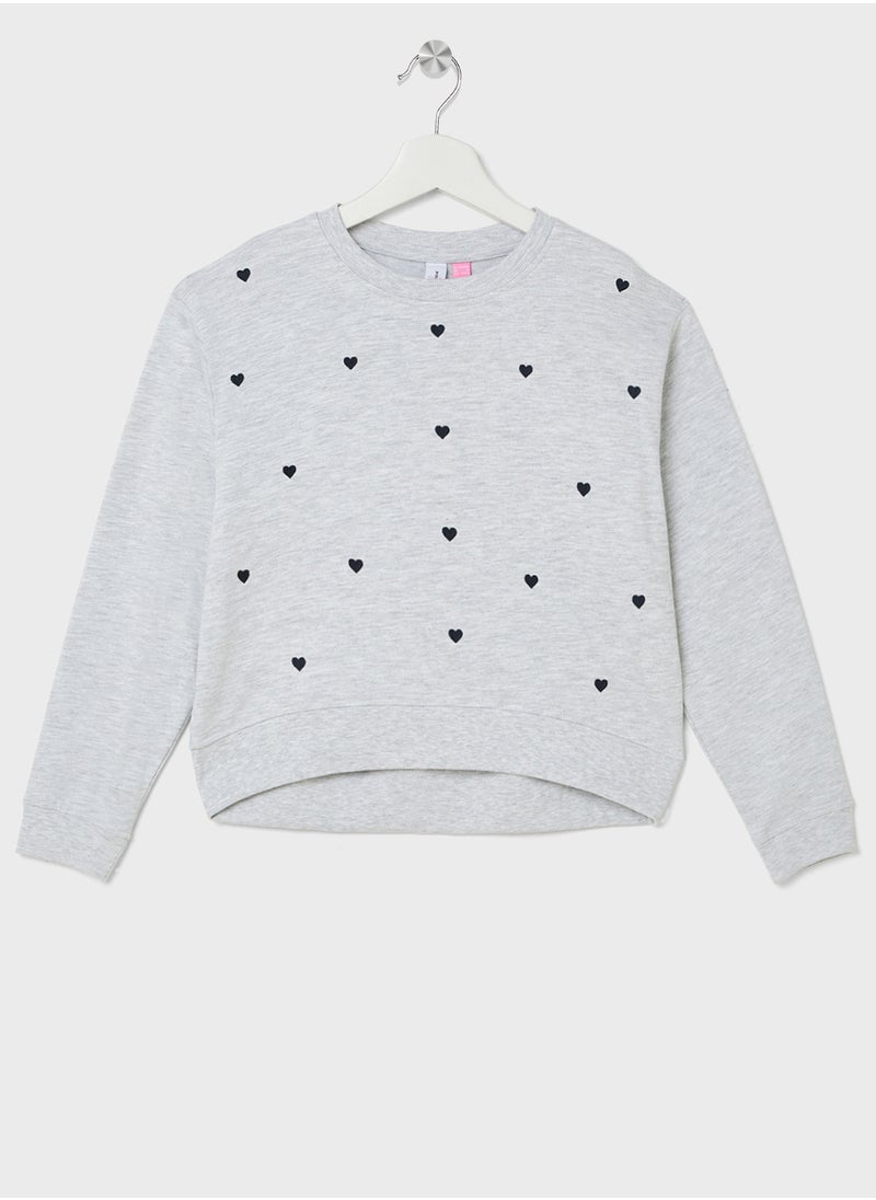 Kids Heart Print Crew Neck Sweatshirt