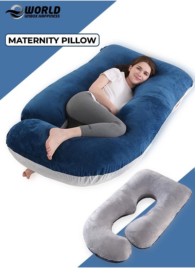 Full Body Pregnancy Pillow, U-Shaped Maternity Pillow for Legs, Back, Neck, Shoulders, Hips and Belly Support for Pregnant Women with Removable Cover, Blue and Grey