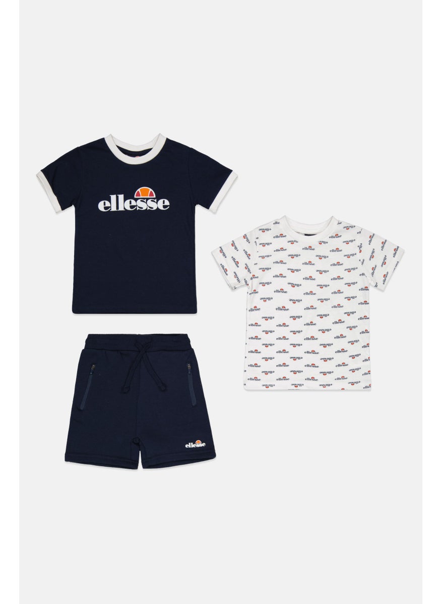 Toddlers Boy 3 Pcs Brand Logo Tee And Shorts Set, Navy