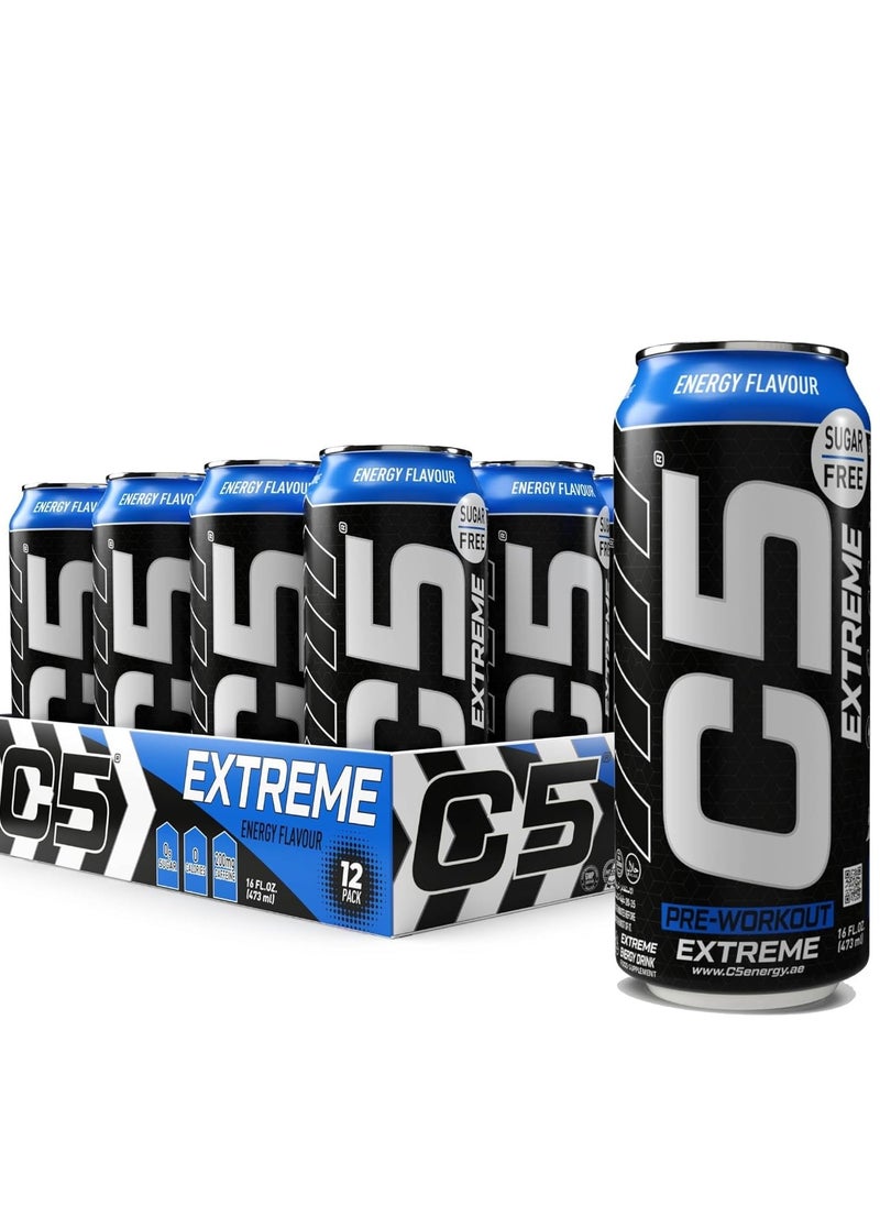 C5 Energy Drink Extreme Energy Flavor, Pre-Workout, 200mg Caffeine, Sugar Free, Zero Calories with Beta Alanine, L-Arginine 16fl.OZ, 473ml pre workout supplement Pack of 12