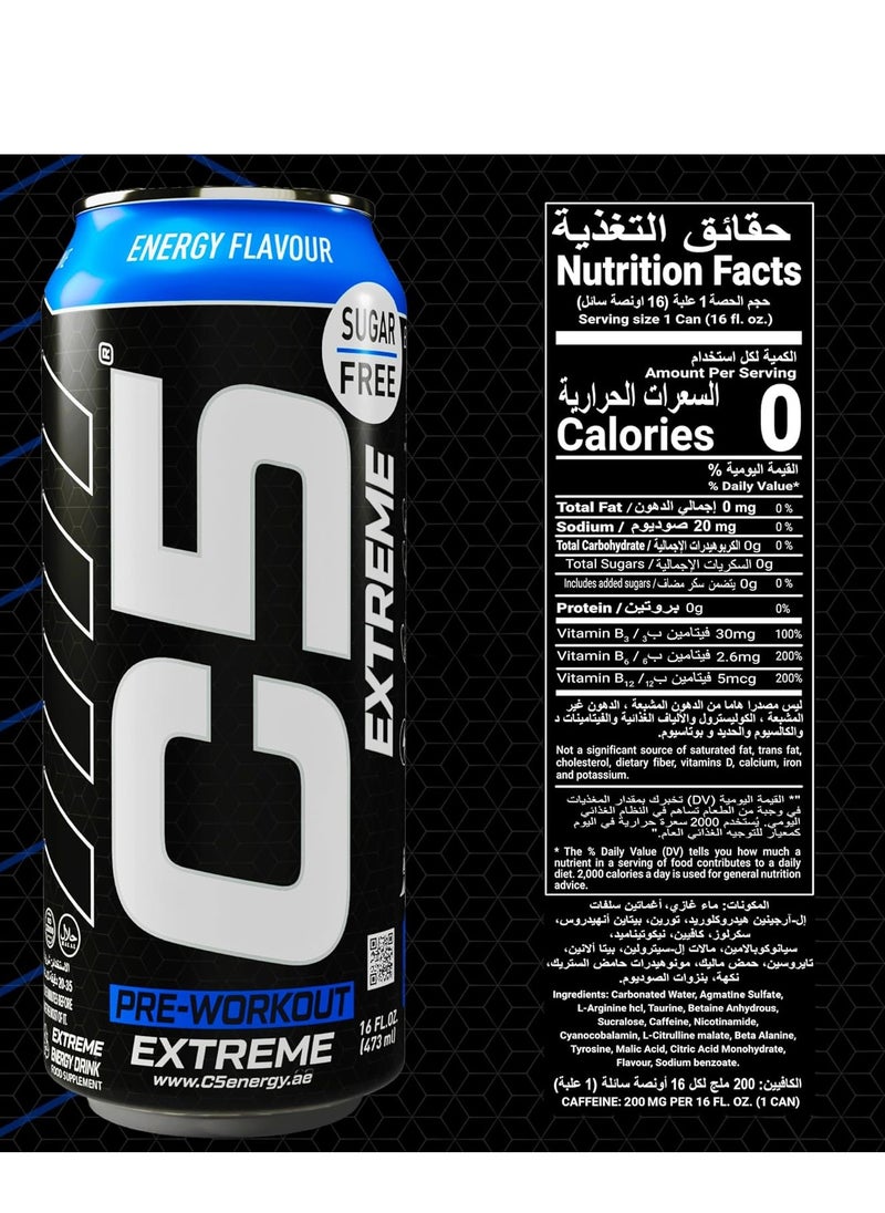 C5 Energy Drink Extreme Energy Flavor, Pre-Workout, 200mg Caffeine, Sugar Free, Zero Calories with Beta Alanine, L-Arginine 16fl.OZ, 473ml pre workout supplement Pack of 12