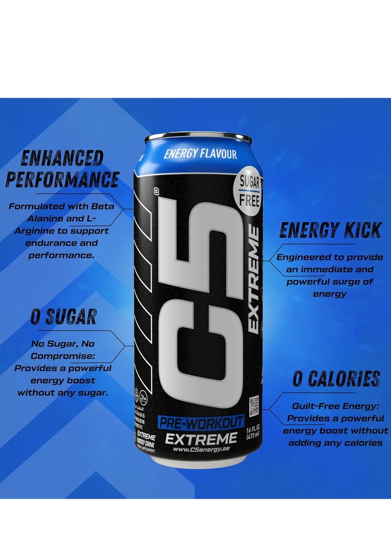 C5 Energy Drink Extreme Energy Flavor, Pre-Workout, 200mg Caffeine, Sugar Free, Zero Calories with Beta Alanine, L-Arginine 16fl.OZ, 473ml pre workout supplement Pack of 12