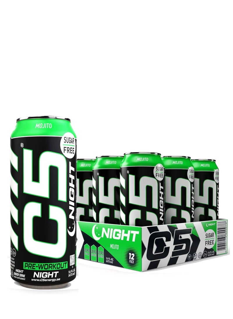 C5 Energy Drink Night Mojito, Pre Workout, Zero Caffeine, Sugar Free, Zero Calories with Beta Alanine, L-Arginine 16fl.OZ, 473ml Caffeine Free Preworkout Pack of 12