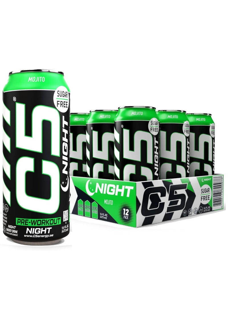 C5 Energy Drink Night Mojito, Pre Workout, Zero Caffeine, Sugar Free, Zero Calories with Beta Alanine, L-Arginine 16fl.OZ, 473ml Caffeine Free Preworkout Pack of 12