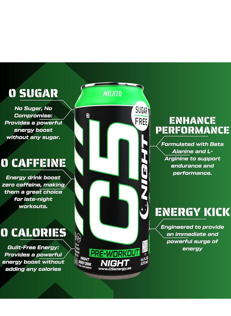 C5 Energy Drink Night Mojito, Pre Workout, Zero Caffeine, Sugar Free, Zero Calories with Beta Alanine, L-Arginine 16fl.OZ, 473ml Caffeine Free Preworkout Pack of 12