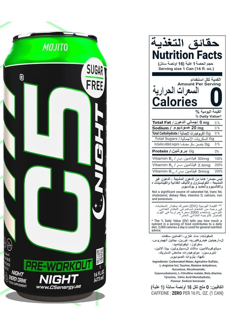 C5 Energy Drink Night Mojito, Pre Workout, Zero Caffeine, Sugar Free, Zero Calories with Beta Alanine, L-Arginine 16fl.OZ, 473ml Caffeine Free Preworkout Pack of 12