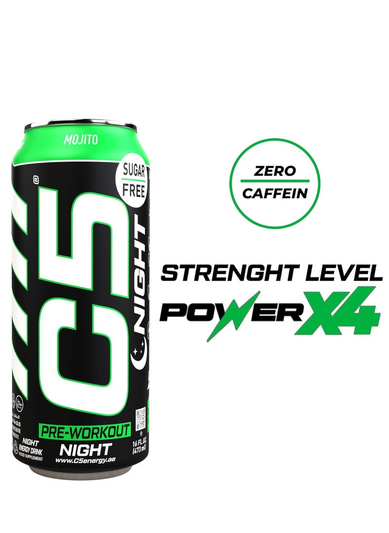 C5 Energy Drink Night Mojito, Pre Workout, Zero Caffeine, Sugar Free, Zero Calories with Beta Alanine, L-Arginine 16fl.OZ, 473ml Caffeine Free Preworkout Pack of 12