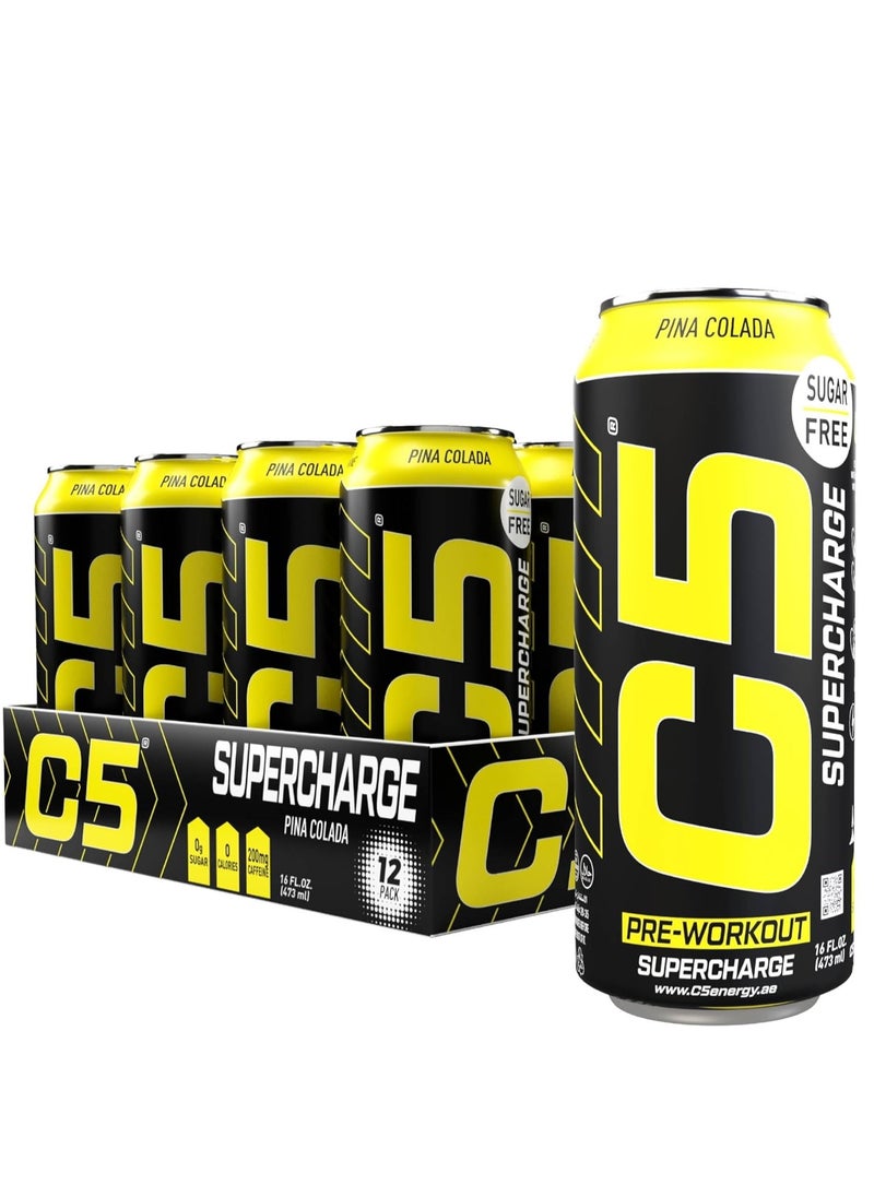 C5 Energy Drink Supercharge Pina Colada, Pre-Workout, 200mg Caffeine, Sugar Free, Zero Calories with Beta Alanine, L-Arginine 16fl.OZ, 473ml pre workout supplement Pack of 12