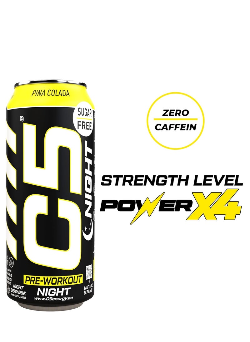 C5 Energy Drink Night Pina Colada, Pre Workout, Zero Caffeine, Sugar Free, Zero Calories with Beta Alanine, L-Arginine 16fl.OZ, 473ml Caffeine Free Preworkout Pack of 12