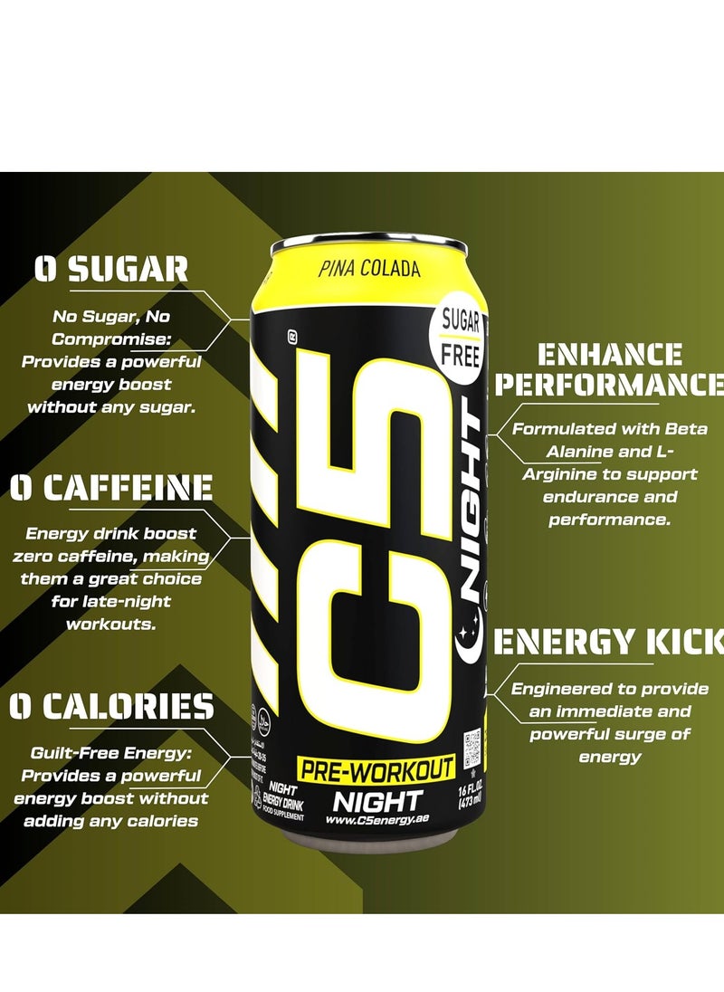 C5 Energy Drink Night Pina Colada, Pre Workout, Zero Caffeine, Sugar Free, Zero Calories with Beta Alanine, L-Arginine 16fl.OZ, 473ml Caffeine Free Preworkout Pack of 12