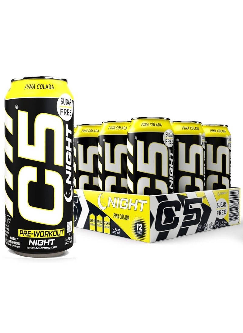 C5 Energy Drink Night Pina Colada, Pre Workout, Zero Caffeine, Sugar Free, Zero Calories with Beta Alanine, L-Arginine 16fl.OZ, 473ml Caffeine Free Preworkout Pack of 12