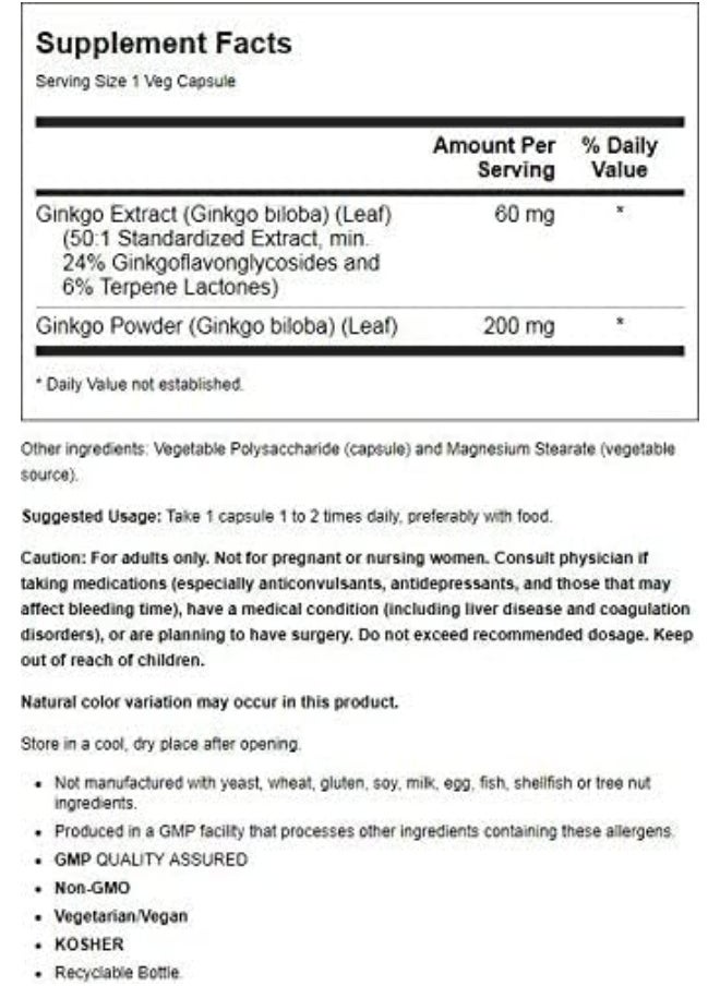 Now Foods Ginkgo Biloba 60 Mg 60 Veg Capsules