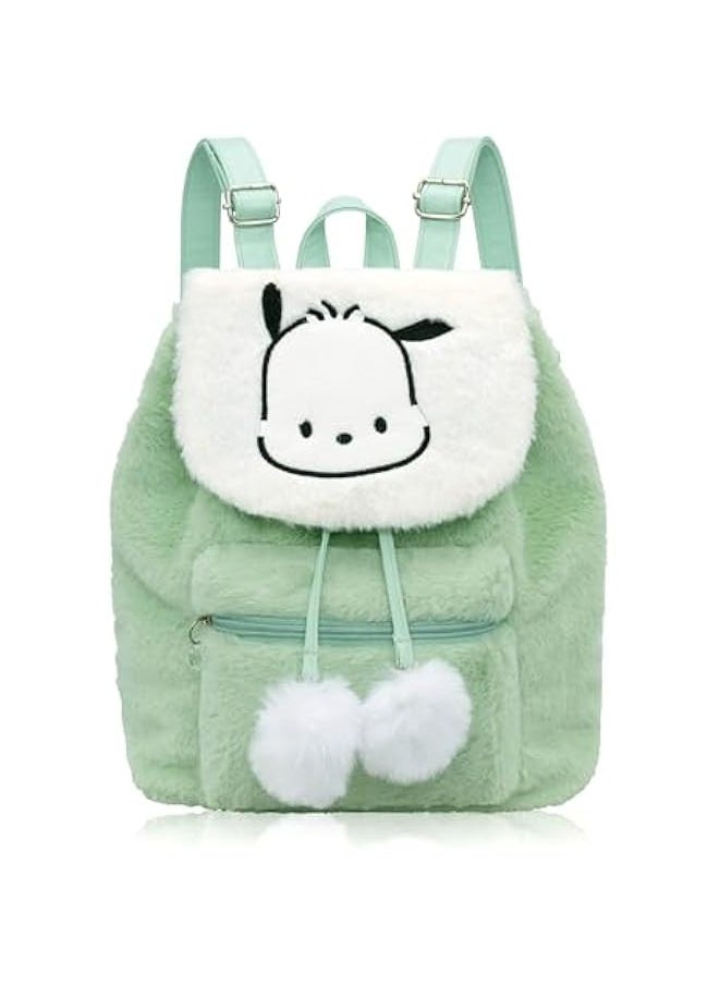 Pochacco Fuzzy Drawstring Backpack Plush Cartoon Cute Backpack for Women Fuzzy Lightweight Fluffy Bag Daily Backpack Green