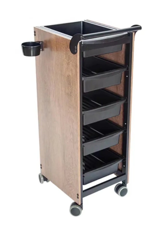 Rolling Wooden Salon Storage Trolley Cart, 5 Drawers, Wood and Black Design, Mobile Hairdressing Equipment