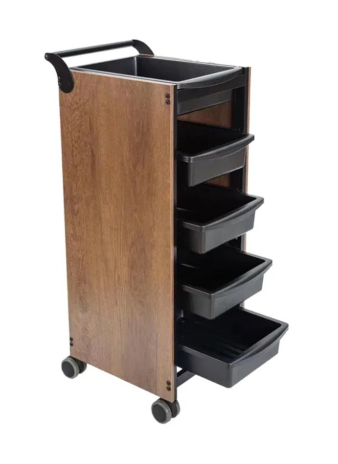 Rolling Wooden Salon Storage Trolley Cart, 5 Drawers, Wood and Black Design, Mobile Hairdressing Equipment