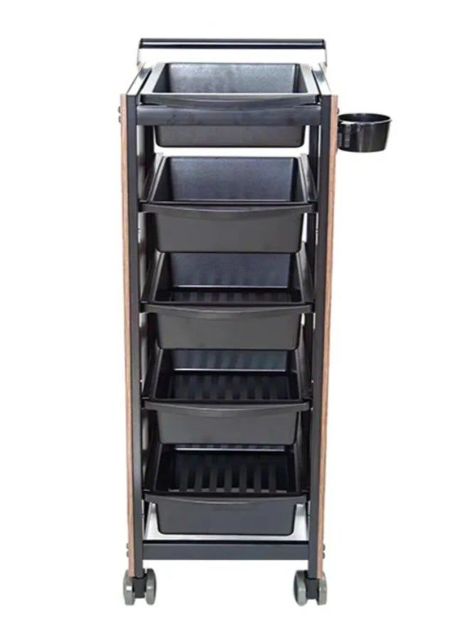 Rolling Wooden Salon Storage Trolley Cart, 5 Drawers, Wood and Black Design, Mobile Hairdressing Equipment