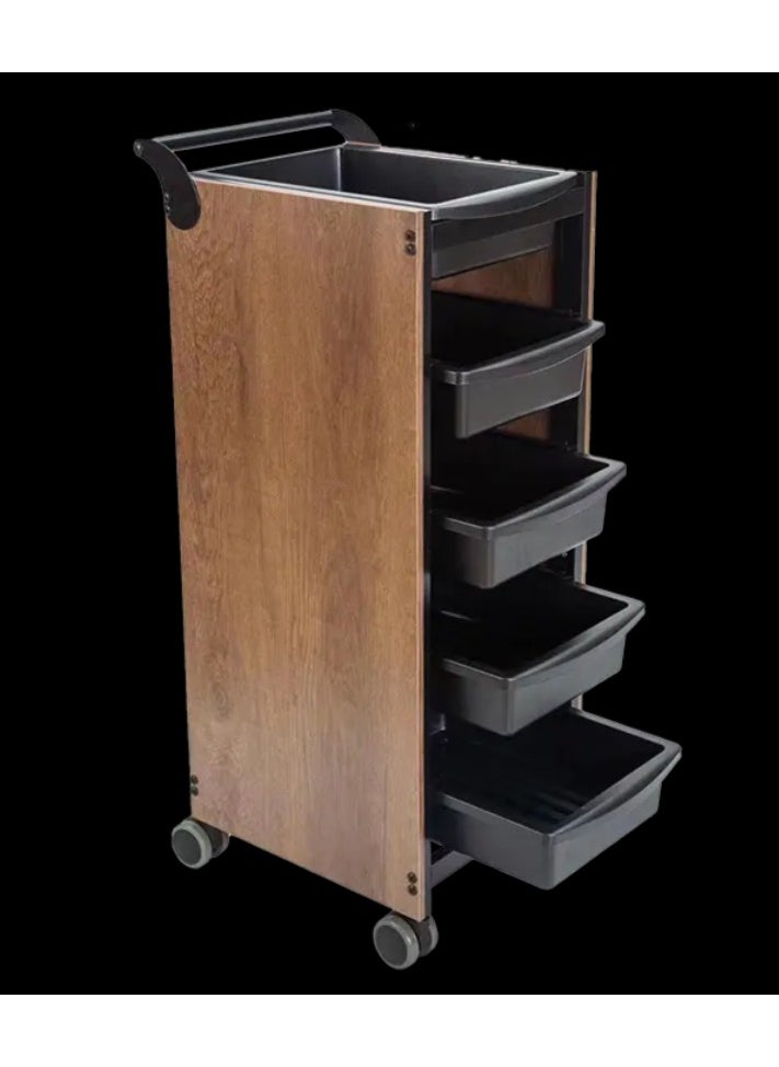 Rolling Wooden Salon Storage Trolley Cart, 5 Drawers, Wood and Black Design, Mobile Hairdressing Equipment