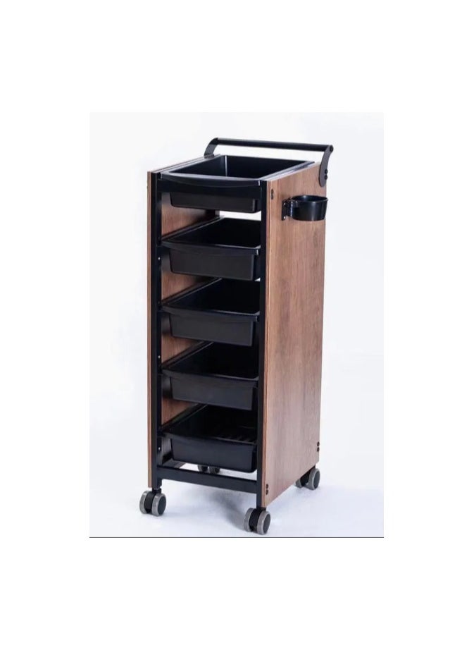 Rolling Wooden Salon Storage Trolley Cart, 5 Drawers, Wood and Black Design, Mobile Hairdressing Equipment