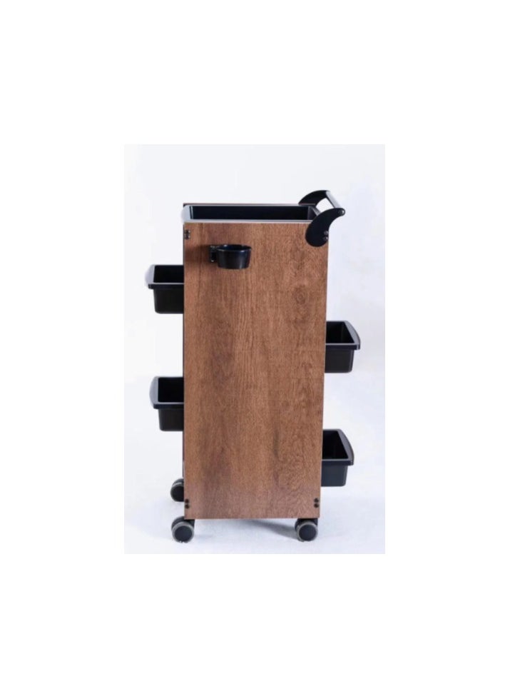 Rolling Wooden Salon Storage Trolley Cart, 5 Drawers, Wood and Black Design, Mobile Hairdressing Equipment