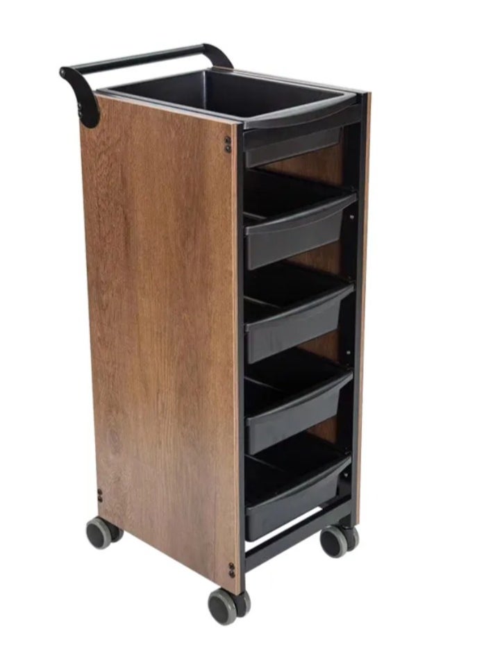 Rolling Wooden Salon Storage Trolley Cart, 5 Drawers, Wood and Black Design, Mobile Hairdressing Equipment