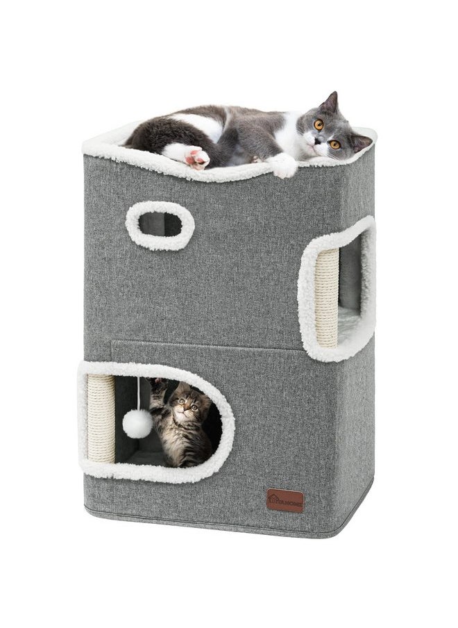 YIATHOME 2 Storey Cat House, Cat Beds for Indoor Cats, Small Cat Condo with Scratch Post and Hideaway Cave, Modern Cat Cube Playhouse for Multi Kittens, Classic Style, Grey