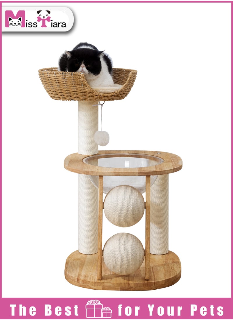 Cat Tree Tower, Cat Bed with Toy, Cat Furniture Scratching Tree for Indoor Cat, Space capsule design,Real Natural Water Hyacinth Cat Condo,Manual Hand Woven Tall Wood Cat House, New Cat Condo Unique Cat Gift