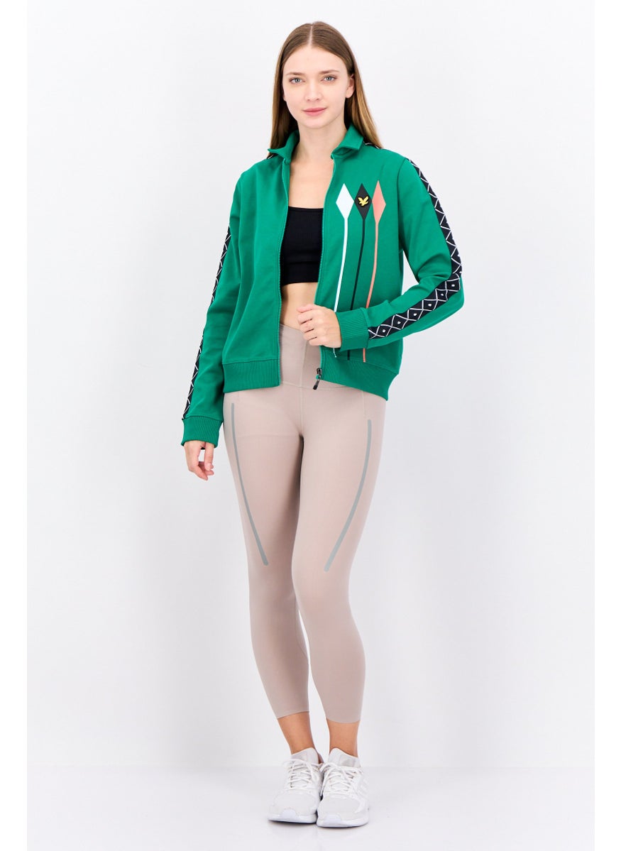Women Spread Collar Brand Logo Long Sleeves Full Zip Sweatshirt, Green Combo