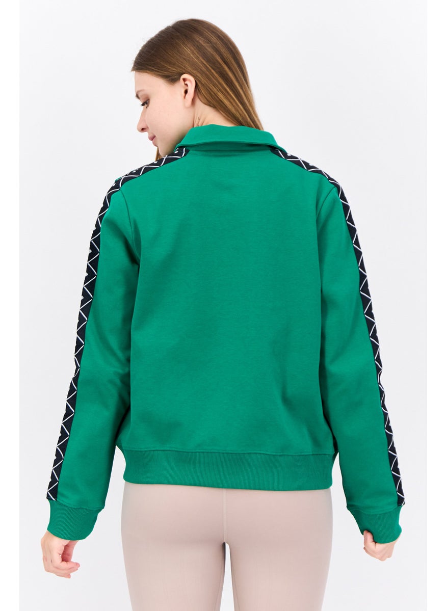 Women Spread Collar Brand Logo Long Sleeves Full Zip Sweatshirt, Green Combo