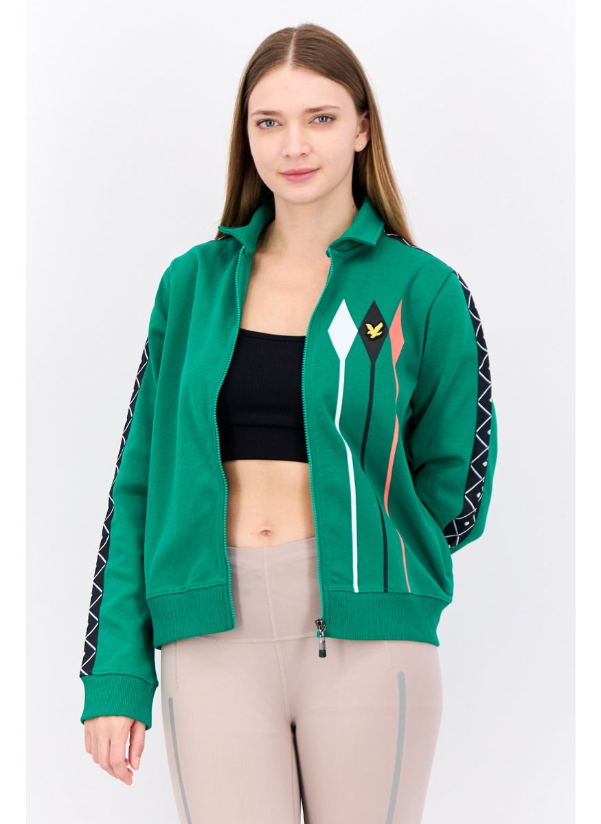 Women Spread Collar Brand Logo Long Sleeves Full Zip Sweatshirt, Green Combo