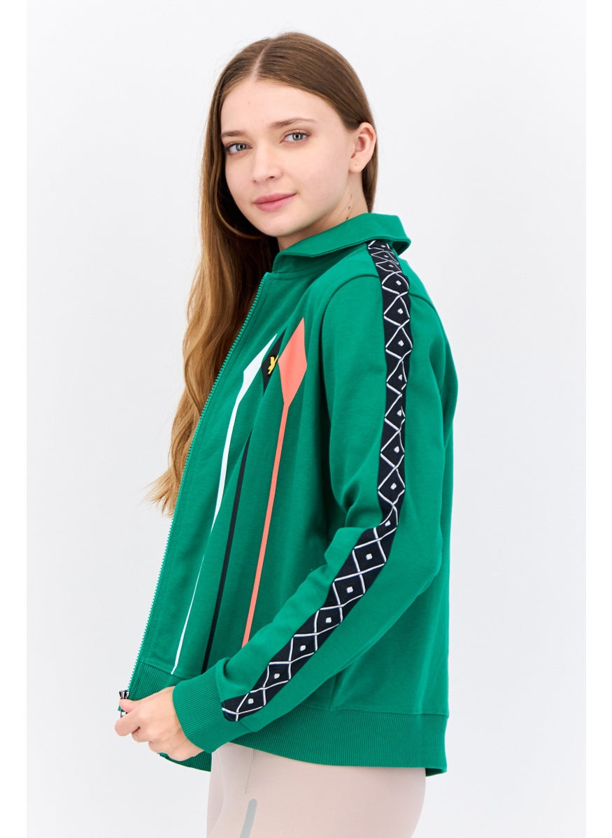 Women Spread Collar Brand Logo Long Sleeves Full Zip Sweatshirt, Green Combo
