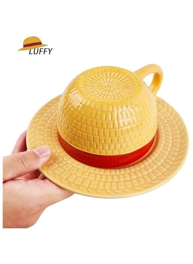 Anime Ceramic One Piece Coffee Mugs Merch, Luffy Straw Hat Manga Milk Tea Cup Collection Gift Set for Anime Lovers (Luffy)