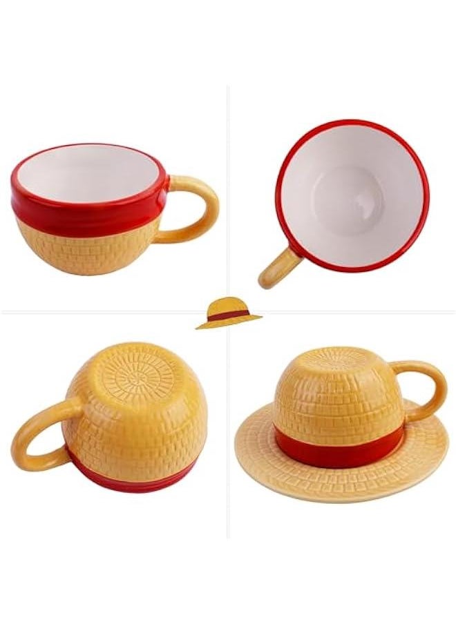 Anime Ceramic One Piece Coffee Mugs Merch, Luffy Straw Hat Manga Milk Tea Cup Collection Gift Set for Anime Lovers (Luffy)