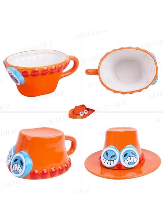 Anime Ceramic One Piece Coffee Mugs Merch, Luffy Straw Hat Manga Milk Tea Cup Collection Gift Set for Anime Lovers (Ace)