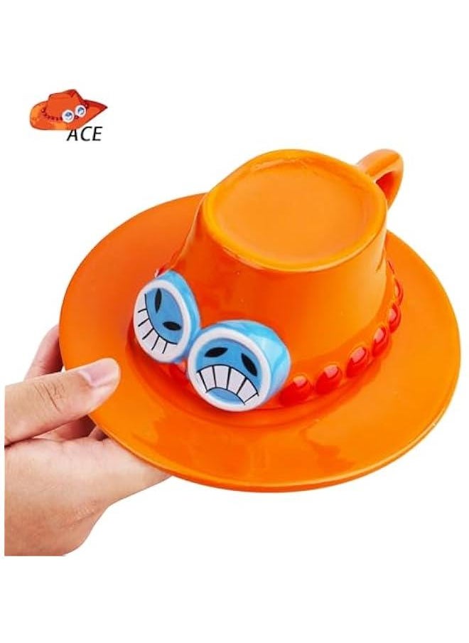 Anime Ceramic One Piece Coffee Mugs Merch, Luffy Straw Hat Manga Milk Tea Cup Collection Gift Set for Anime Lovers (Ace)