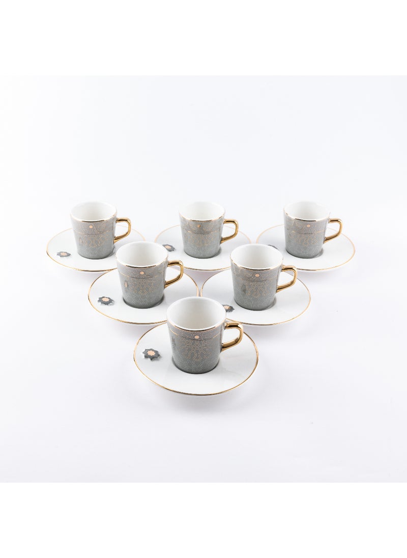 OTANTIK Asalah Set of 6 Coffee Cups and 6 Saucers , Grey and Gold Ceramic , Elegant Coffee Set for Home, Office, Ramadan, and Special Occasions , Premium Tea Cups