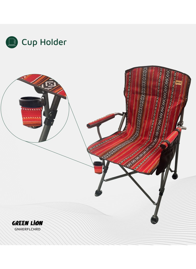 Heritage Foldable Chair 600D Oxford Fabric with Foldable Design / 200 Kg Max Load Capacity / Iron Pipe Material / Cup Holder / Ergonomic Design / Heavy-Duty Weight Capacity - Ethnic Red