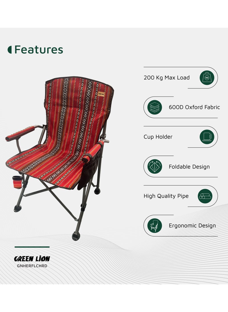 Heritage Foldable Chair 600D Oxford Fabric with Foldable Design / 200 Kg Max Load Capacity / Iron Pipe Material / Cup Holder / Ergonomic Design / Heavy-Duty Weight Capacity - Ethnic Red