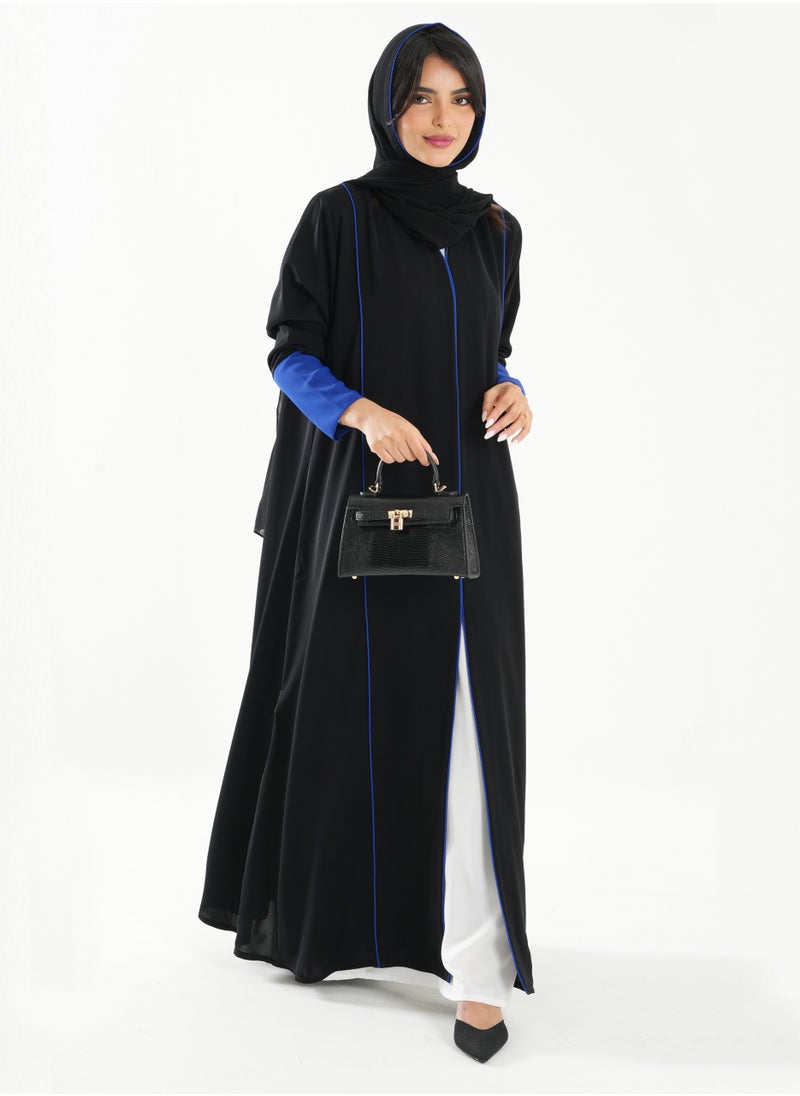 Open Abaya with Blue Piping Long Sleeves