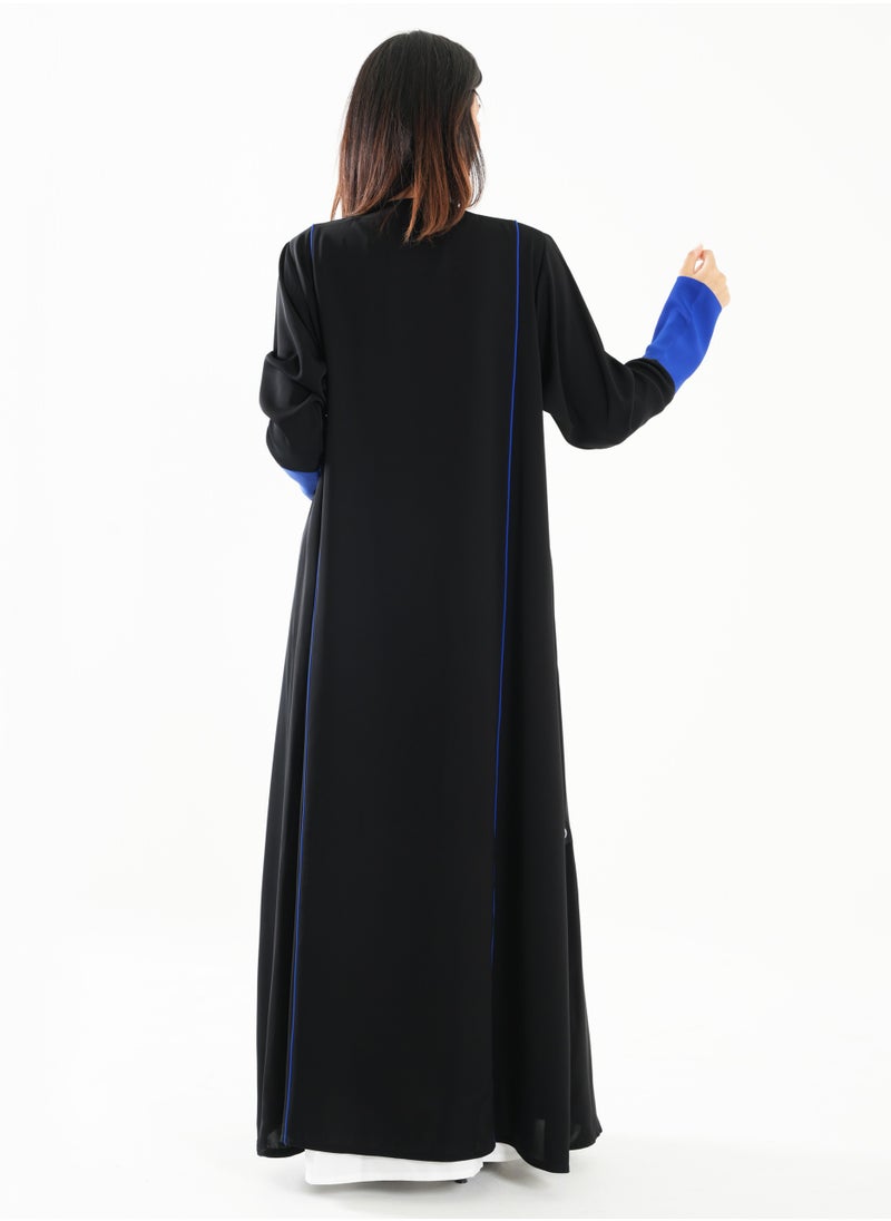 Open Abaya with Blue Piping Long Sleeves