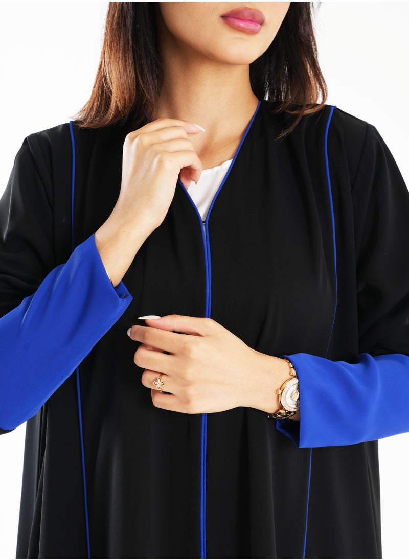 Open Abaya with Blue Piping Long Sleeves
