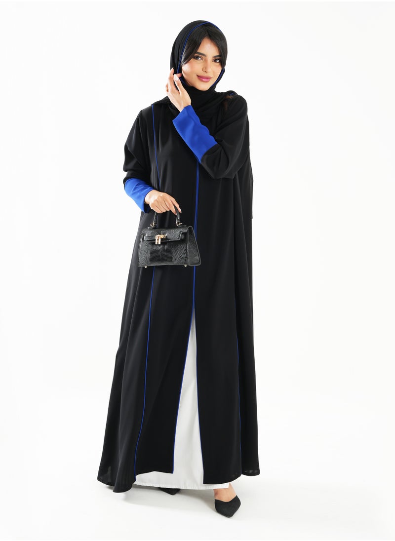 Open Abaya with Blue Piping Long Sleeves