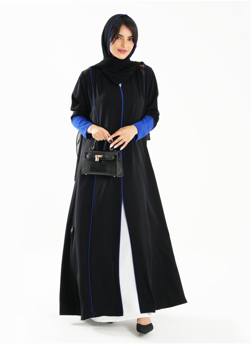 Open Abaya with Blue Piping Long Sleeves