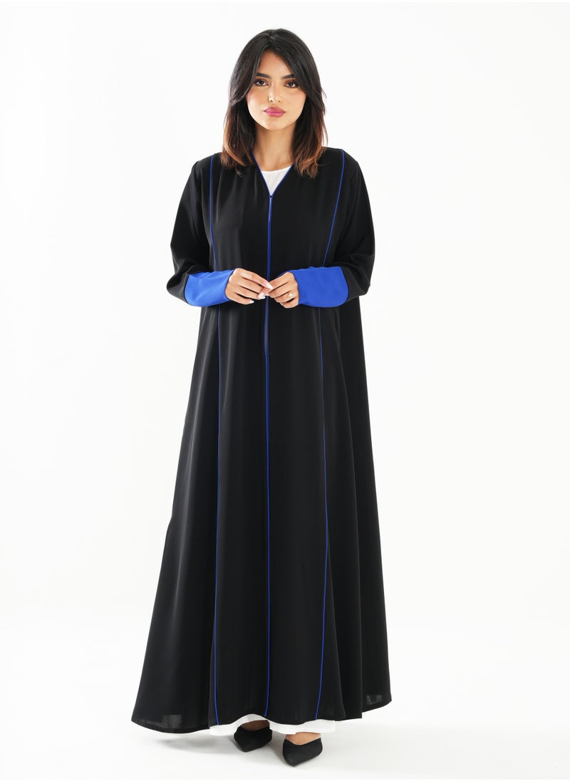 Open Abaya with Blue Piping Long Sleeves