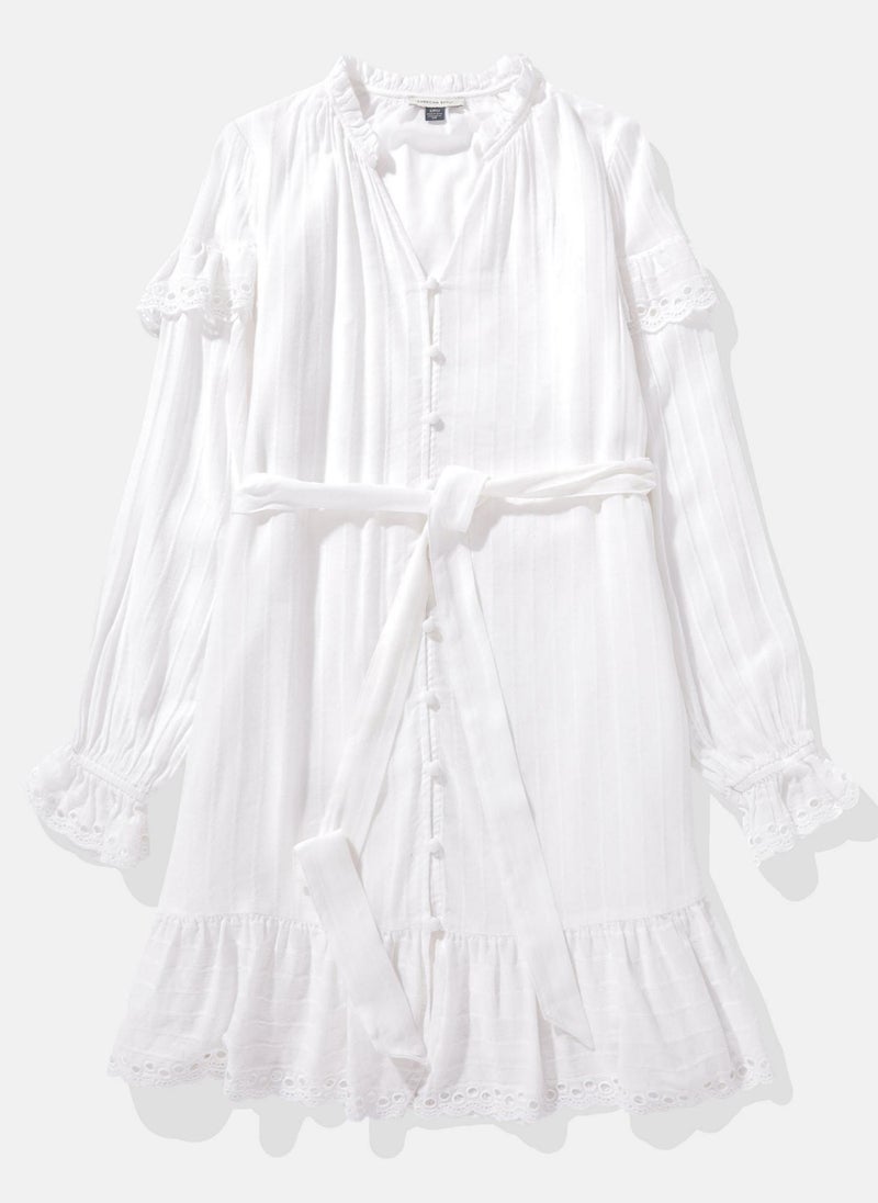 AE Long-Sleeve Button-Up Ruffle Mini Dress