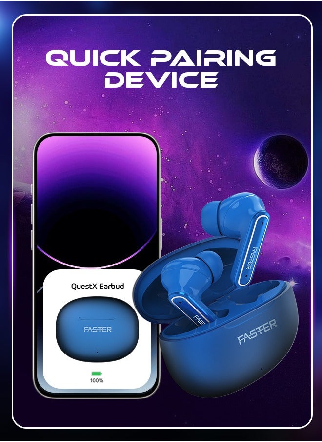 QuestX Wireless Earbuds with Noise Cancellation (ANC+ENC) - 6 Hours Playtime with Bluetooth 5.3 - IPX4 Water Resistant - Gaming Bluetooth Earphones with Ultra-Low Latency - Deep Bass, Touch Control - For Exercise, Gym - Compatible with iPhone & Android (Blue)