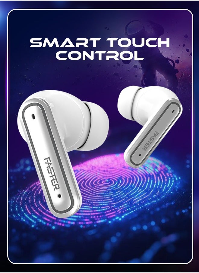 QuestX Wireless Earbuds with Noise Cancellation (ANC+ENC) - 6 Hours Playtime with Bluetooth 5.3 - IPX4 Water Resistant - Gaming Bluetooth Earphones with Ultra-Low Latency - Deep Bass, Touch Control - For Exercise, Gym - Compatible with iPhone & Android (White)