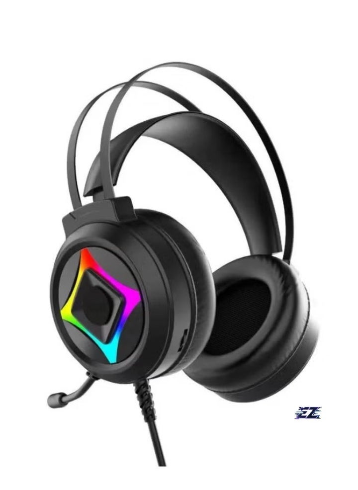 Gaming Headset with LED Backlight, 50mm Drivers, PU Leather Ear Pads, Dual 3.5mm Audio Jacks, USB Connection, and Built-in Microphone for Immersive Sound Experience
