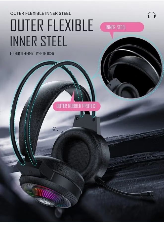 Wired RGB Gaming Headset with Microphone, 3.5mm Audio Jack, USB Connection, LED Backlight, Noise-Cancelling Mic, Comfortable Ear Cushions for PC, PS4, Xbox – Enhanced Gaming Sound Experience